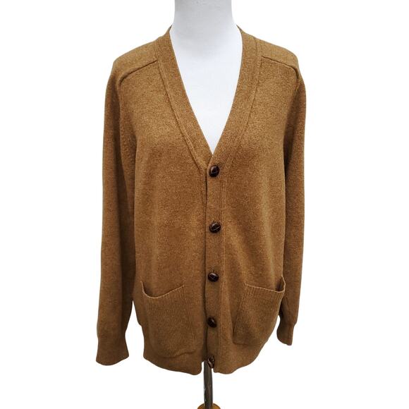 LL Bean Grandpa Cardigan Sweater Brown Lambswool Wooden Buttons Pockets Large - Picture 1 of 16